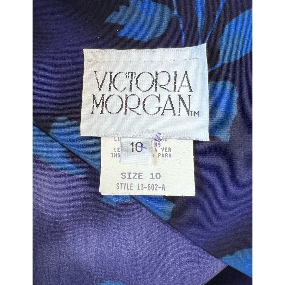 Vintage VICTORIA MORGAN Blue Purple Watercolor Pleated Belted Midi Dress sz 10 - Picture 6 of 7